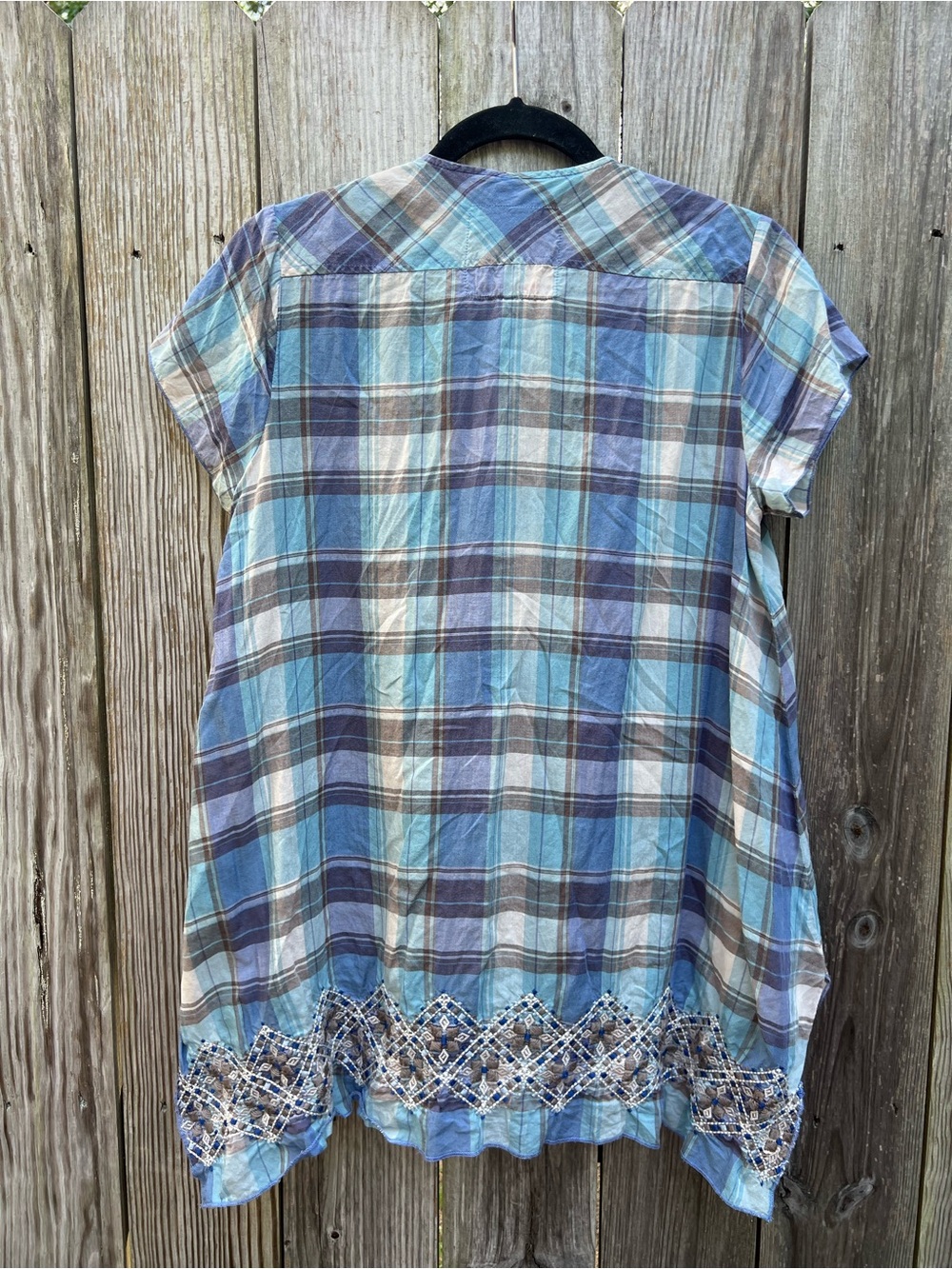 JOHNNY WAS Purple Blue Plaid Embroidered Boho SS Women’s Small Top - Picture 10 of 11